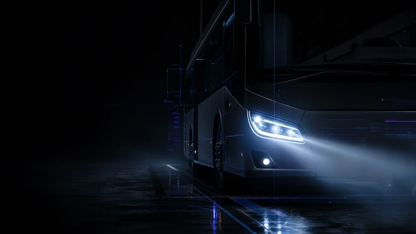 GP Meccatronica: autobus scuro con fari accesi, overlay di dati tecnici blu
